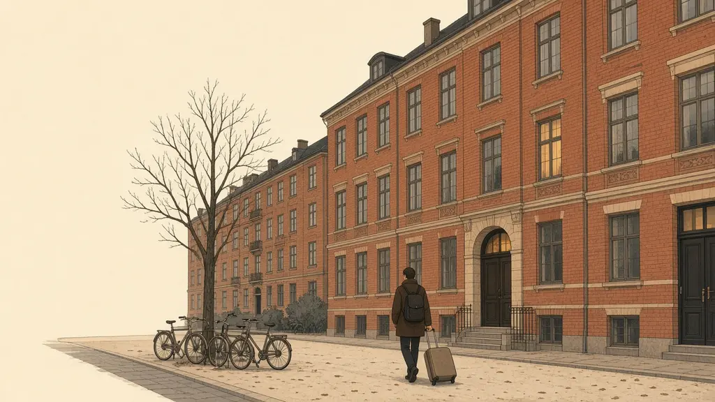 Illustration of a quiet street in Copenhagen or Frederiksberg with bikes parked by old apartment buildings and a student with a backpack walking past, seen from behind.